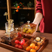 Divided Glass Snack Serving Dish Set with Bamboo Tray for Living Room Coffee Table