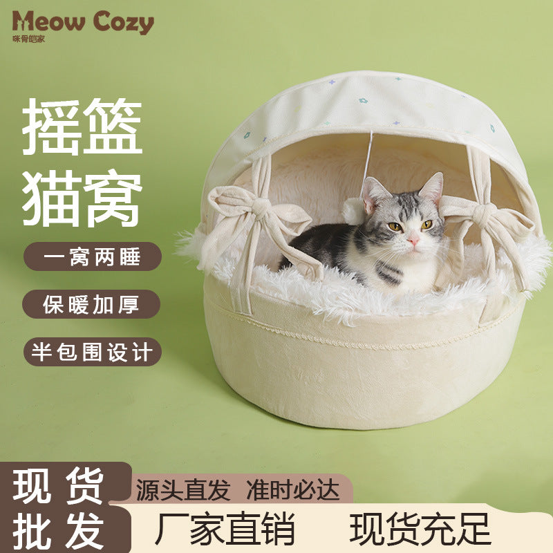 All-Season Semi-Enclosed Cat Bed with Removable Cushion, Cozy Cradle Design for Cats and Small Pets