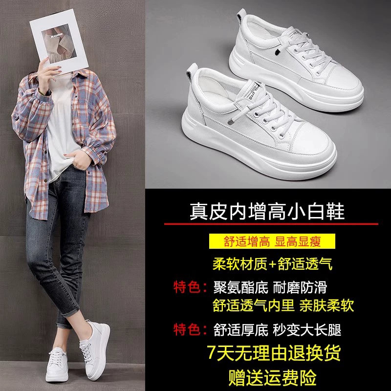 Women's Platform Casual Sneakers with Hidden Heel, Lightweight White Leather