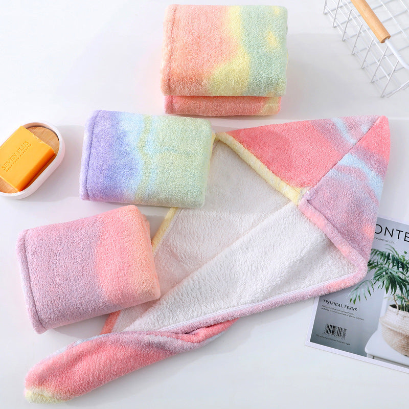 Rainbow Gradient Coral Fleece Hair Drying Towel Cap for Women