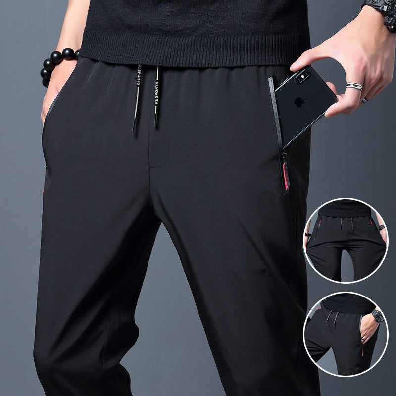 Men's Ice Silk Casual Straight-Leg Pants with Zipper, Thin Summer Breathable Elastic Trousers