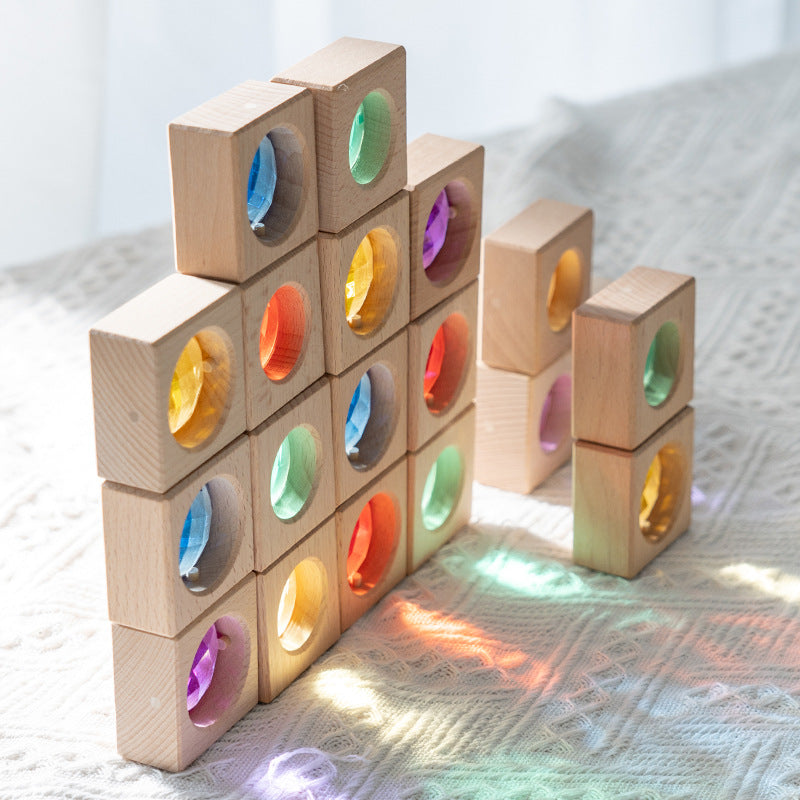 Large Particle Translucent Acrylic Rainbow Gem Building Blocks with Beech Wood Base for Toddlers