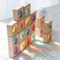 Large Particle Translucent Acrylic Rainbow Gem Building Blocks with Beech Wood Base for Toddlers