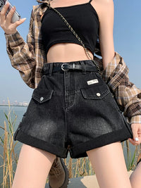 Women's High-Waist Black Denim Shorts with Rolled Hem and A-Line Design