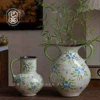Jingdezhen Ceramic Vase with Double Handles for Dried or Fresh Flowers, New Chinese Style Living Room Entrance Home Decor
