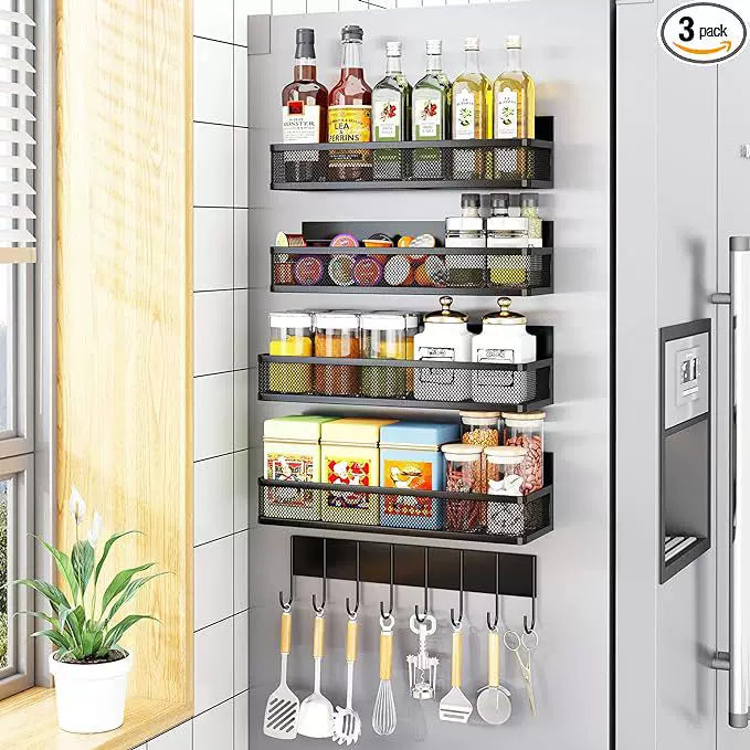 Magnetic Refrigerator Side Storage Rack for Kitchen Spices and Seasonings, Punch-Free Wall Mount Organizer