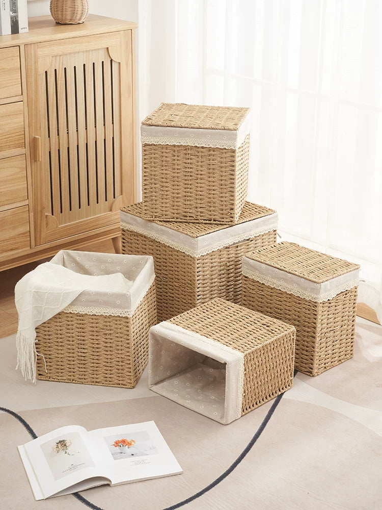 Handwoven Straw Storage Basket with Lid for Laundry, Snacks, and Home Organization