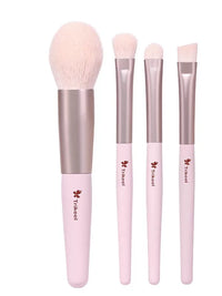 Wanfei 4-Piece Pink Fiber Makeup Brush Set with Wooden Handle for Eyeshadow & Powder