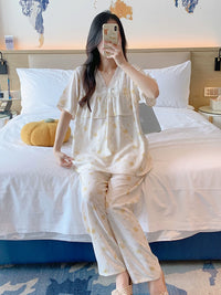 Women's Ruffled Short Sleeve Long Pants Pajama Set, Cotton Blend, Anti-Chafe, Summer Homewear