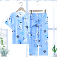 Kids' Summer Pajama Set, Thin Cotton Blend Short Sleeve Top & Long Pants for Boys and Girls