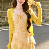Korean Style Yellow Lace Floral Sundress with Cardigan Set for Spring/Summer