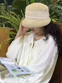 Summer Organza Bucket Hat with Rhinestone Trim, Sun Protection Beach Hat