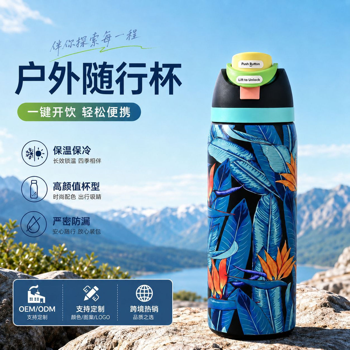 304 Stainless Steel Insulated Water Bottle with Portable Bounce Lid and Handle for Outdoor Sports