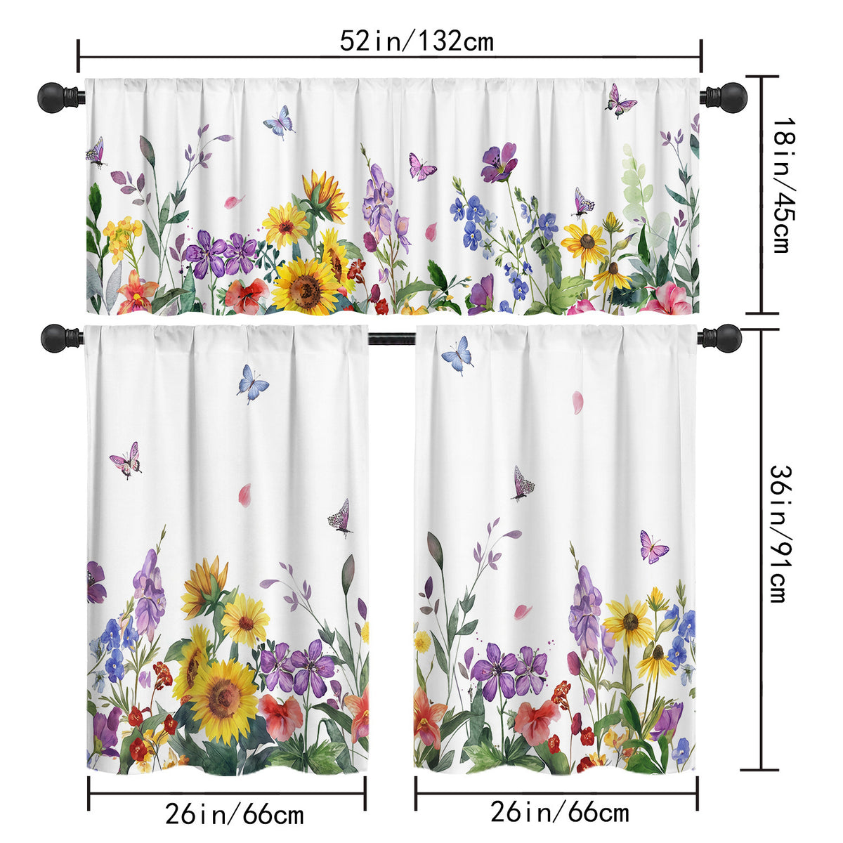 Digital Print Kitchen Window Valance Curtain Set for Dining Room Living Room, Rod Pocket Light Filtering Short Curtains