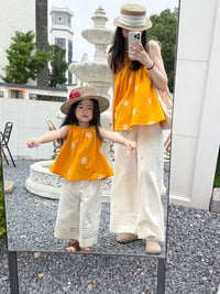Mother-Daughter Matching Embroidered Vest & Lace Wide-Leg Pants Set for Summer Vacation
