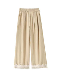 Women's Vintage Lace Patchwork Wide-Leg Cropped Pants High-Waisted Ice Silk Quick-Dry Casual Trousers