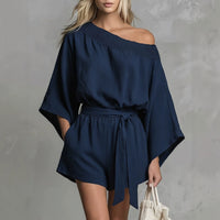 Women's Off-Shoulder Lace Trim Top & Tie-Waist Shorts Set