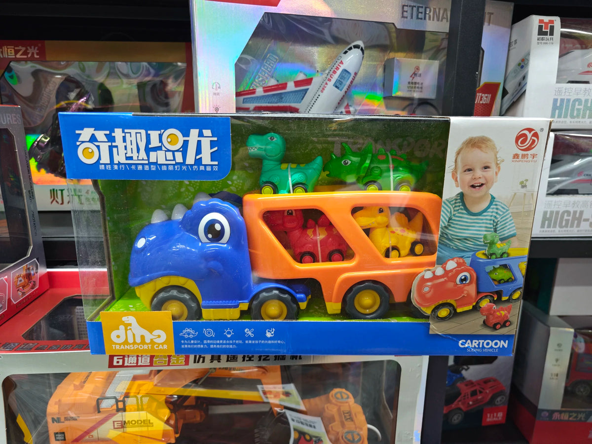 Xinpengyu Double-Layer Dinosaur/Construction Truck Carrier with Sound & Light, Inertia Toy