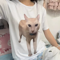 Funny Cat Print Short Sleeve T-Shirt for Couples and Students