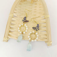 Vintage Chinese Style Blue Real Flower Earrings with Dried Flowers and 925 Silver