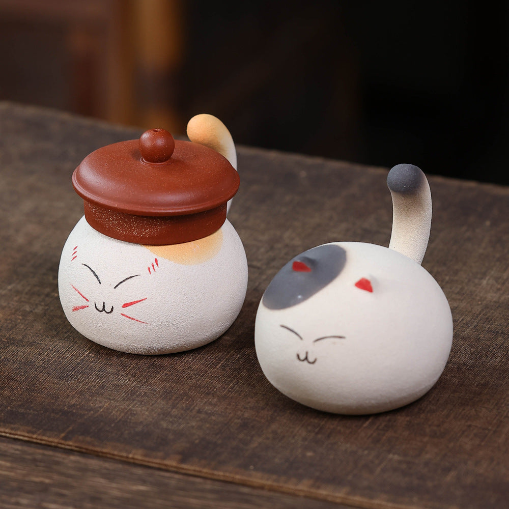 Yixing Zisha Lucky Cat Tea Pet Ornament Handmade Clay Sculpture for Tea Ceremony
