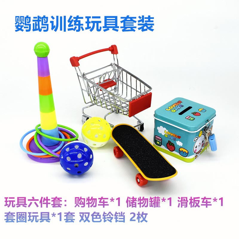 Parrot Training Toy Set with Skateboard, Stacking Rings, and Chewing Toys