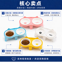 Cartoon Cat Ceramic Double Bowl with Elevated Stand for Food and Water