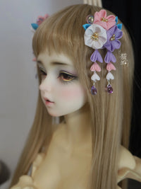 Handmade Tsumami Kanzashi Hairpin for BJD/OB11/GSC Dolls - Pink, Purple & White Floral Kimono Hair Accessory