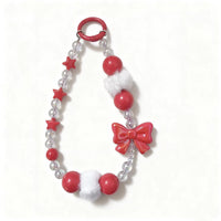 Christmas Red and White Phone Chain with Plush Ball and Beaded Keychain for Bags and Earphone Cases