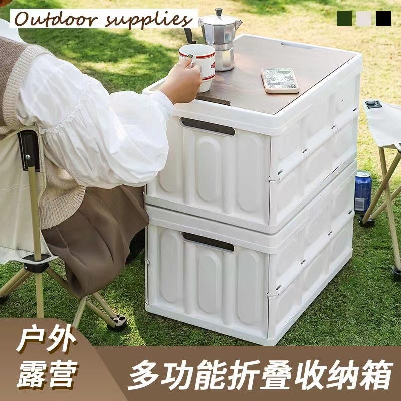 Extra Large Outdoor Camping Storage Box with Wooden Lid, Foldable Car Trunk Organizer for Clothes and Gear
