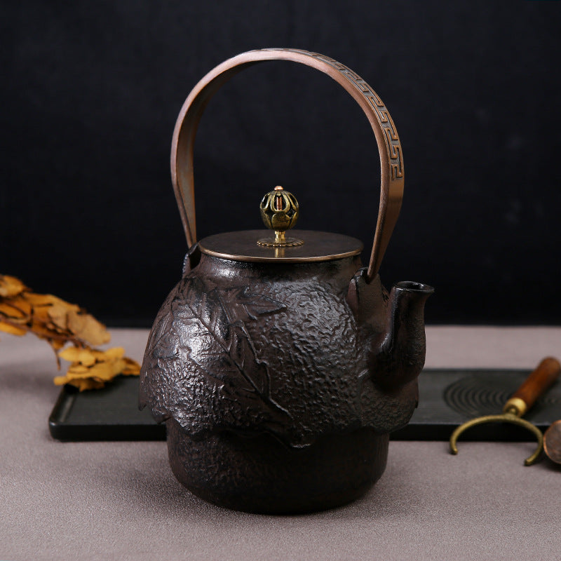 Japanese Style Cast Iron Teapot with Copper Lid and Handle for Kung Fu Tea