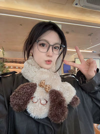 Japanese Style Plush Dog Scarf for Women, Winter Warm Cross Neck Wrap