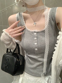 Women's Square Neck Lace Trim Button-Front Camisole Tank Top