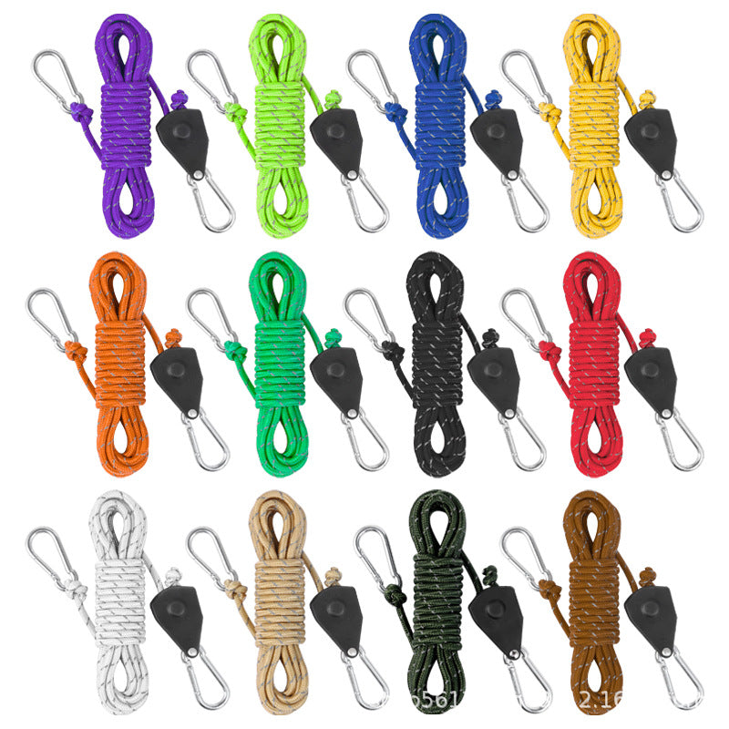Reflective Guy Line Rope Adjuster with Pulley for Camping Tents, 4mm Windproof