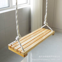 Solid Wood Outdoor Swing for Kids, Single Person Patio Carbonized Wood Swing Chair with Hanging Basket