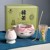 Japanese Matcha Tea Ceremony Set with Whisk Holder and Cartoon Ceramic Bowl