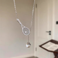 Silver Tennis Racket White Crystal Pendant Necklace for Women