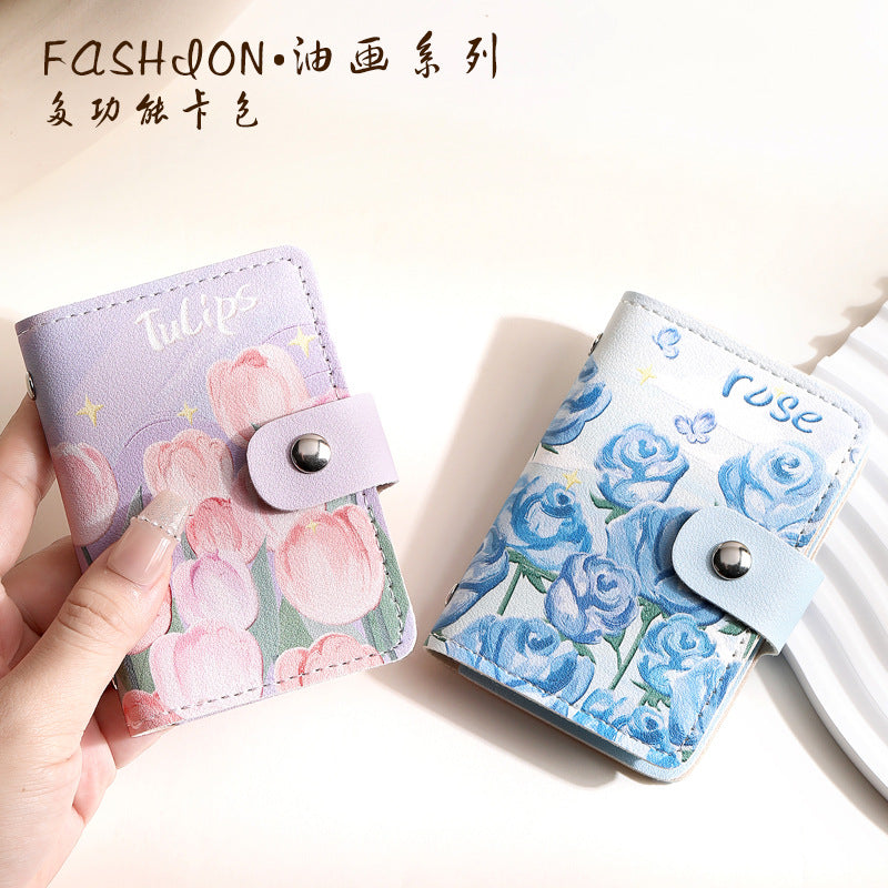 Vintage Oil Painting Card Holder Wallet for Women, Multi-Card Slot ID Holder, Compact Cartoon Coin Purse