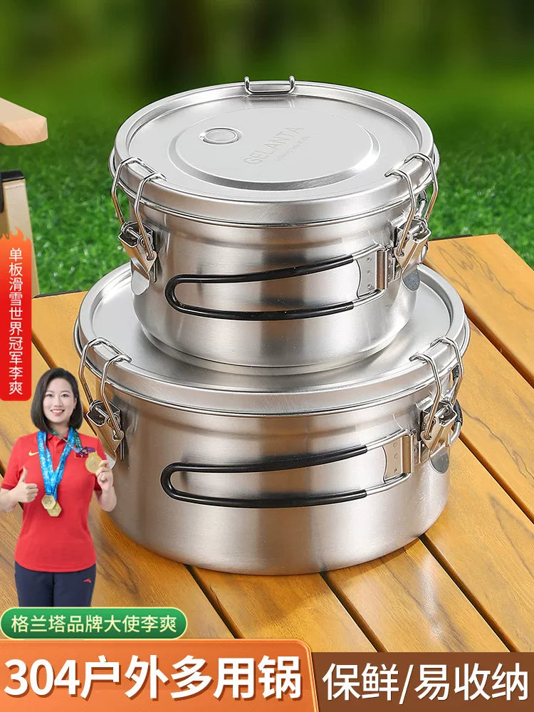 Outdoor Camping 304 Stainless Steel Food Storage Container Set with Folding Handles, Airtight, Heatable, Refrigerable
