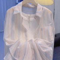 Women's Long Sleeve Ice Silk Chiffon Sun Protection Shirt, Loose Striped Cardigan Top