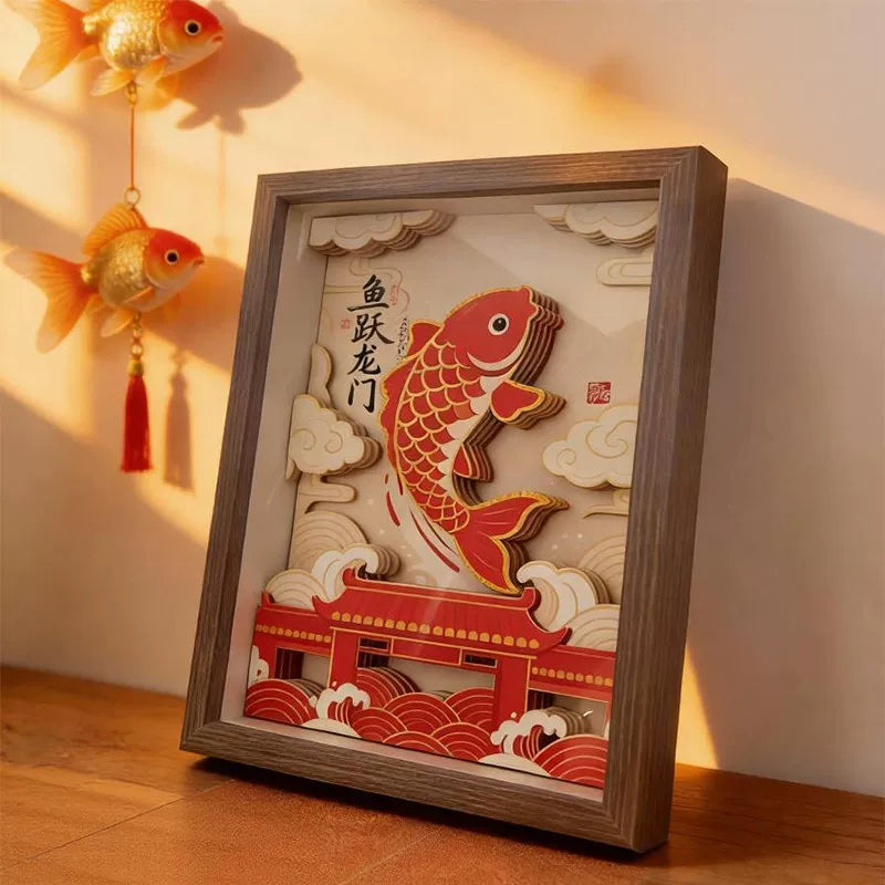 3D Paper Carving Art Frame - Koi Leaping Dragon Gate - Inspirational Desk Decor for Students & Graduates