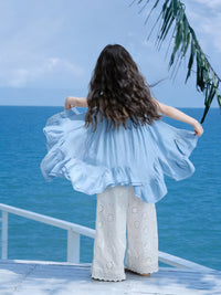 Mother-Daughter Matching Summer Beach Outfits - Blue Strappy Dress & White Hollow-Out Wide-Leg Pants