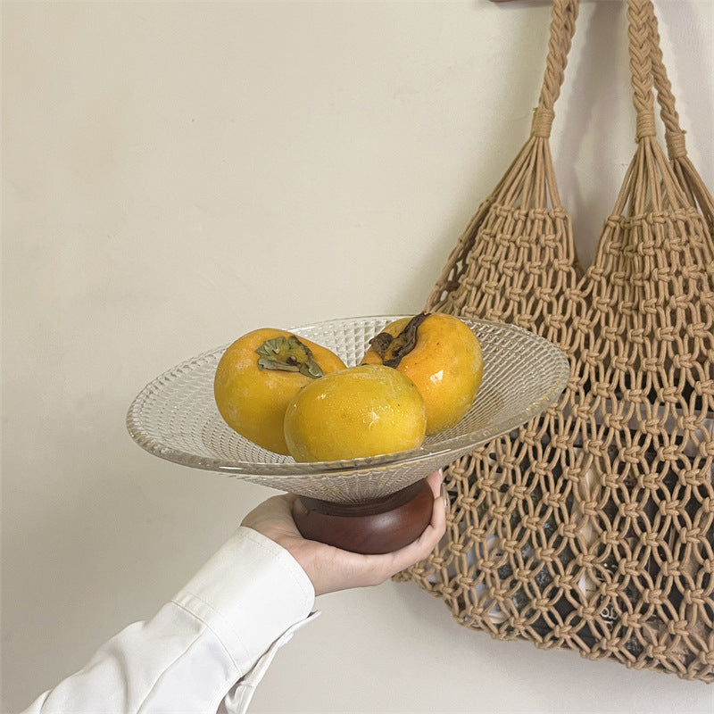 Square Grid Wooden Base Glass Fruit Bowl for Living Room Coffee Table, Decorative Fish Tank, Snack Plate, Fruit Basket