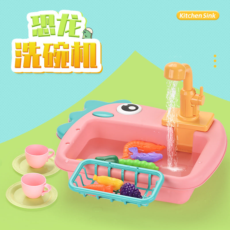 Dinosaur Dishwasher Toy with Automatic Water Circulation for Kids Play Kitchen or Pet Bird Bath