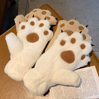 Plush Cat Paw Winter Gloves for Women - Warm, Windproof, and Thickened for Cycling