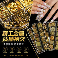 12-Grid Nail Art Decoration Kit with Metal Rivets, Sequins, and Mixed Shapes for DIY Manicures