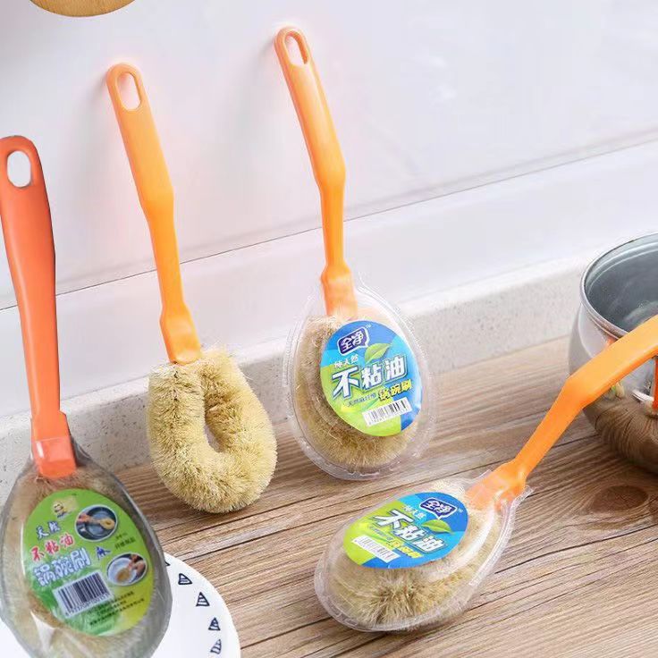 Natural Fiber Pot Brush with Coconut Palm Bristles for Non-Stick Cookware Cleaning