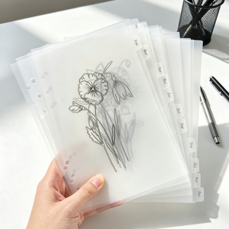 A5 6-Hole Frosted PP Monthly Floral Divider Pages for Loose-Leaf Notebooks