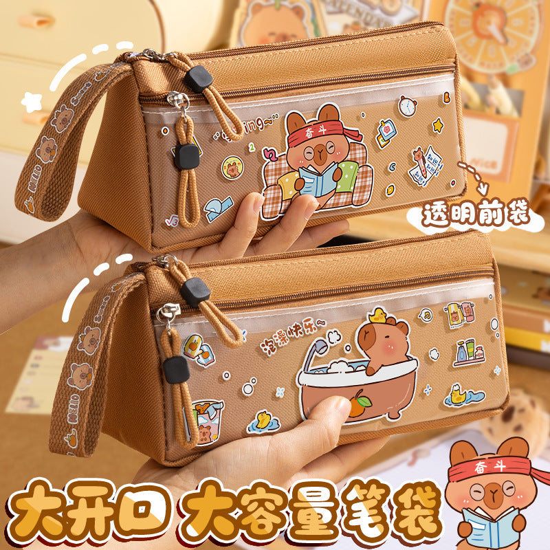 Capybara Large Capacity Transparent Pencil Case for Students, Cute Cartoon Stationery Box, Waterproof