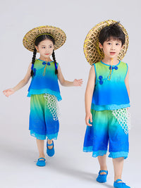Kids Bamboo Style Performance Costume Set for Children's Day Dance and Fishing Role Play